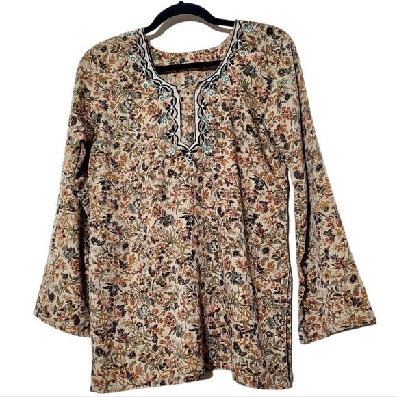 Bohemian Womens Floral Tan Blouse Size Large Cottagecore - Picture 1 of 13